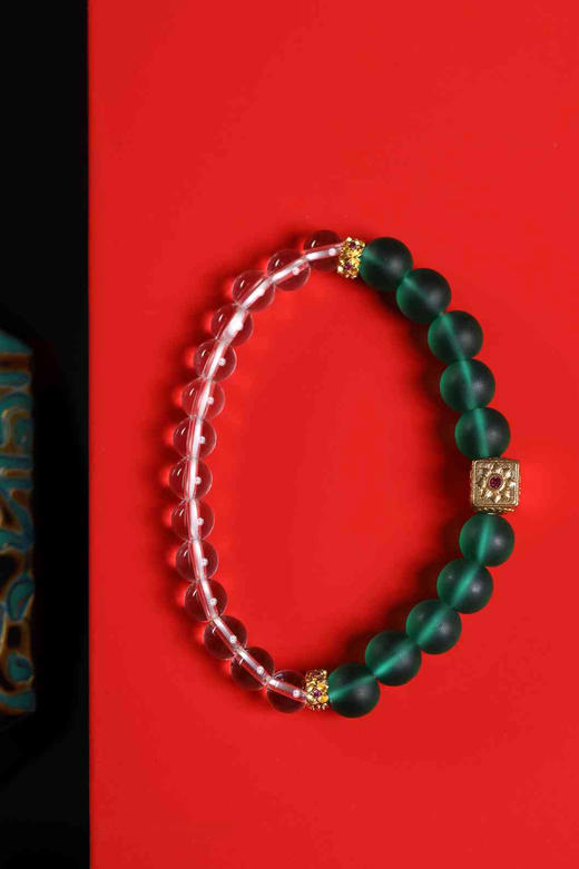 YLLL0003°绿琉璃+沙金福字方珠手串 商品图0