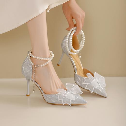 阿么手工女鞋真皮一字带珍珠高跟鞋女高级感小众婚鞋伴娘鞋8.5CM 商品图1
