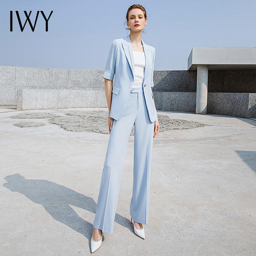 IWY/夏季透气浅蓝色西服短袖职业女修身高端商务通勤西装阔腿裤装232014C1+P6 商品图4