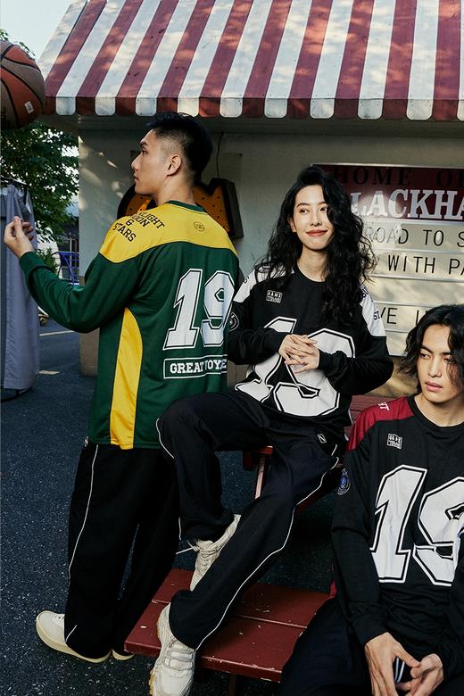 LUSHISI美式街头落肩袖章印花[混乱]撞色机车运动速干投篮服长袖 商品图1