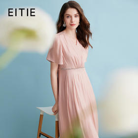 EITIE爱特爱2024夏季新款气质优雅温柔法式V领高腰粉色压褶连衣裙B2407370