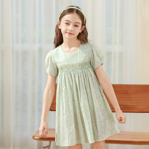 女童连衣裙2024夏季新款儿童绿色绣花纯棉裙子泡泡袖碎花公主裙 商品图6
