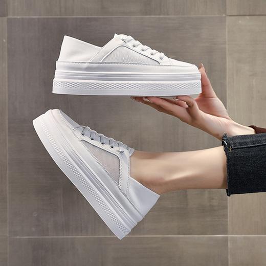 网面透气真皮圆头绑带平跟软底一脚蹬休闲板鞋 商品图3