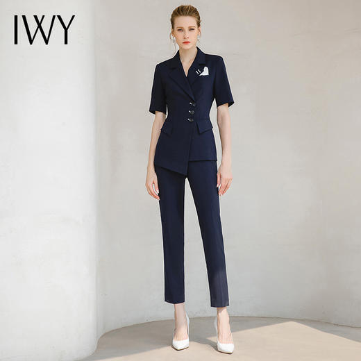 IWY/短袖藏青色西装套装女设计感高端商务气质经理修身西服套裤装232021C1P1 商品图2