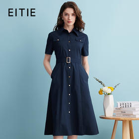 EITIE爱特爱夏季新款极简工装通勤单排扣深蓝色A字衬衫连衣裙B2407368
