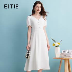 EITIE爱特爱2024夏季新款文艺风V领收腰白色气质优雅长裙连衣裙B2407354