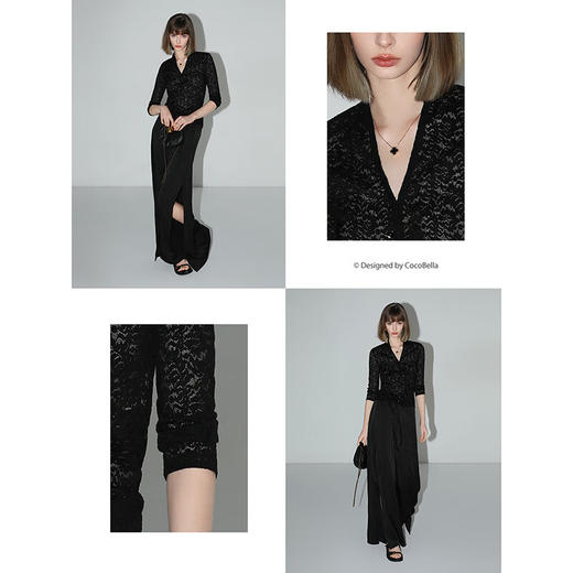 COCOBELLA优雅微透视镂空蕾丝衬衫女深V领长袖针织衫NLC55B 商品图1