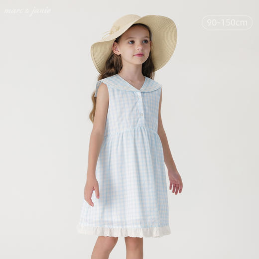 马克珍妮2024年夏装新款女童海军风格纹蕾丝花边短袖连衣裙240661 商品图0
