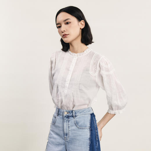 谜底苎麻衬衫七分袖女2024年夏新品复古风绣花透气衬衣242GC0655 商品图1
