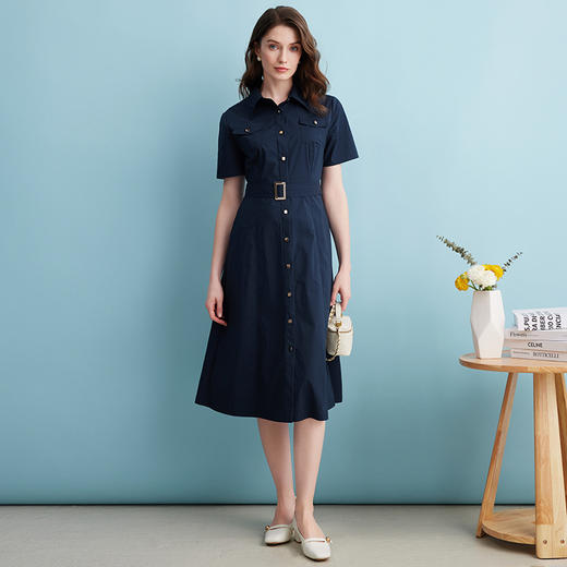 EITIE爱特爱夏季新款极简工装通勤单排扣深蓝色A字衬衫连衣裙B2407368 商品图1