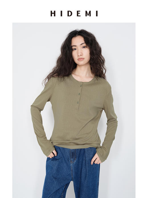 HIDEMI 【当当同款】圆领纽扣极简春夏松弛感亨利领自然棉长袖外穿宽松t恤女 商品图3