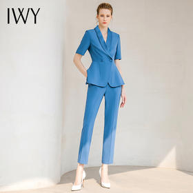 IWY/宝蓝色西服套装短袖女夏款设计感气质女神范干练主持人职业装232036C1+P1