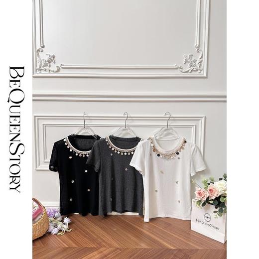 BeQueenStory【初梦甜曲】重工气质修身钉珠镶钻透气圆领T恤夏季新 商品图0