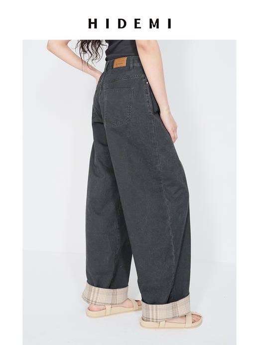HIDEMI 复古牛仔蓝阔腿格纹拼接卷边牛仔裤 商品图5