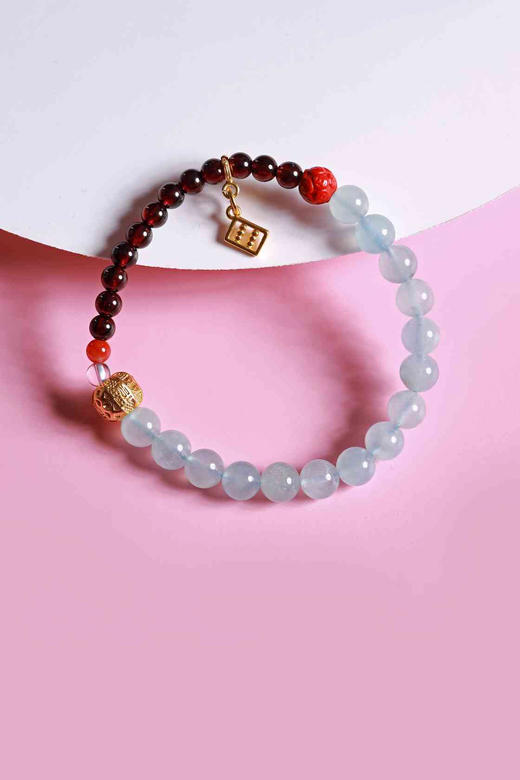 YHLB0007°海蓝宝+沙金铜钱福字珠手串 商品图0