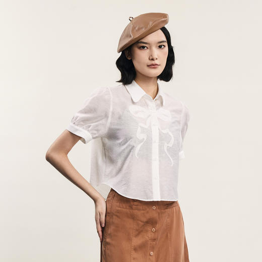 谜底短款衬衫短袖女2024夏季新品文艺风蝴蝶结绣花衬衣242MC0571 商品图1