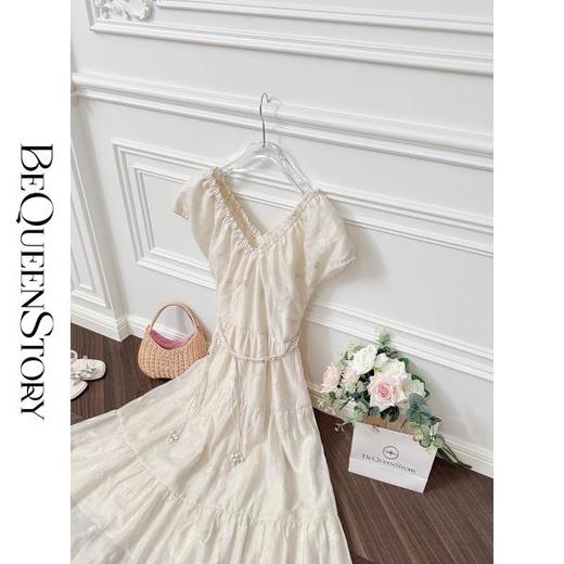 BeQueenStory【静语茶歇】重工气质刺绣抽褶收腰显瘦V领连衣裙夏新 商品图2