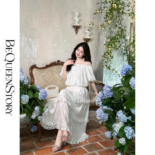 BeQueenStory【白瓷蔷薇】气质珍珠装饰一字肩短上衣&伞摆长半裙 商品图2