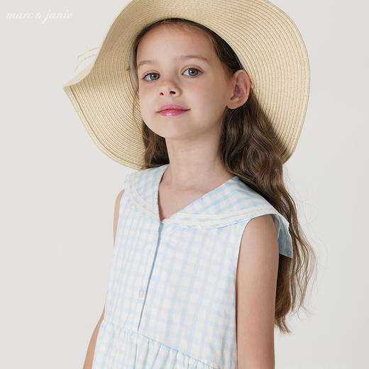 马克珍妮2024年夏装新款女童海军风格纹蕾丝花边短袖连衣裙240661 商品图3