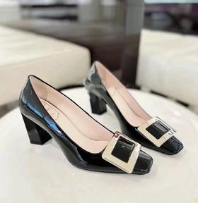 万年经典  7cm粗跟方扣单鞋  漆皮单鞋  高跟鞋通勤单鞋