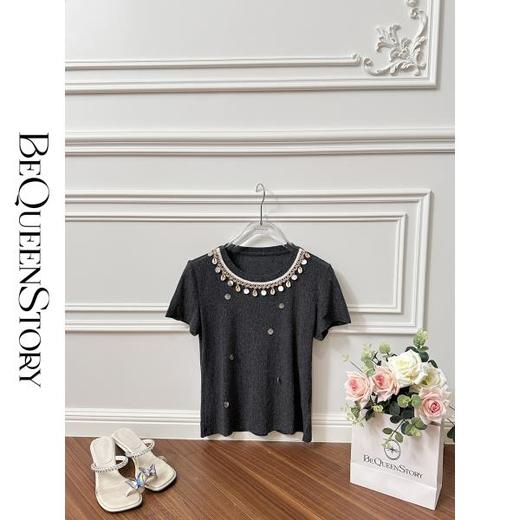 BeQueenStory【初梦甜曲】重工气质修身钉珠镶钻透气圆领T恤夏季新 商品图2
