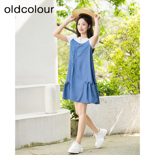 oldcolour夏季新款法式赫本风褶皱连衣裙女假两件拼接裙P26107534 商品图0