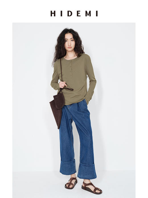HIDEMI 【当当同款】圆领纽扣极简春夏松弛感亨利领自然棉长袖外穿宽松t恤女 商品图4