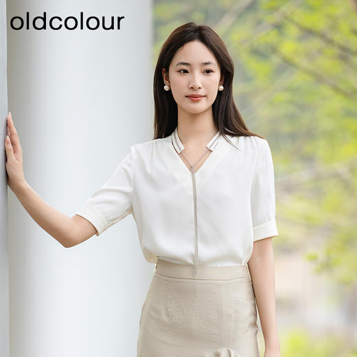 oldcolour夏季新款白色短袖衬衫女职场风雪纺小个子衬衣P25011172 商品图0
