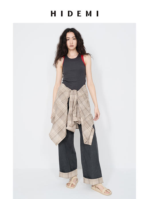 HIDEMI 复古牛仔蓝阔腿格纹拼接卷边牛仔裤 商品图7