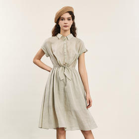 谜底连衣裙短袖2024年夏款通勤风简约苎麻收腰中长裙子242ML0620