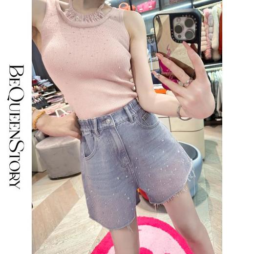 【样衣，不退不换】【海岛热恋】复古感水洗毛边烫彩钻棉微A牛仔短裤 商品图2