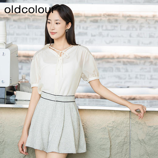 oldcolour夏季新款别致系系带法式短袖雪纺衬衫女P25011550 商品图0