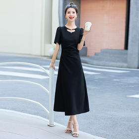 HRFS-96289夏季上新气质时尚休闲小众设计高级感收腰显瘦纯色连衣裙