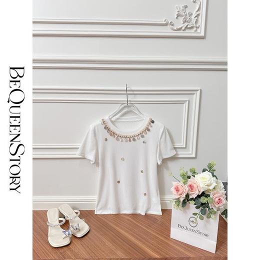 BeQueenStory【初梦甜曲】重工气质修身钉珠镶钻透气圆领T恤夏季新 商品图1