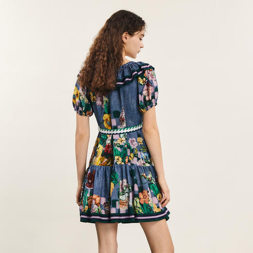 谜底花色连衣裙短袖2024年夏款复古田园风中长裙配腰带242ML0554 商品图2