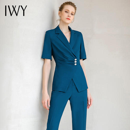 IWY/高端孔雀蓝色西服短袖女西装套装通勤高级通勤设计感ol工作服232020CP1 商品图3
