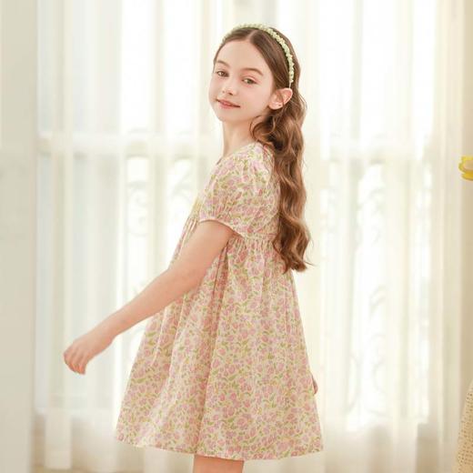 女童连衣裙2024夏季新款儿童绿色绣花纯棉裙子泡泡袖碎花公主裙 商品图5