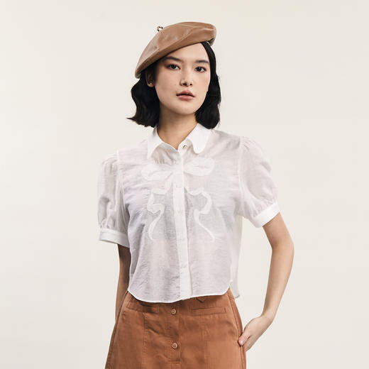 谜底短款衬衫短袖女2024夏季新品文艺风蝴蝶结绣花衬衣242MC0571 商品图0