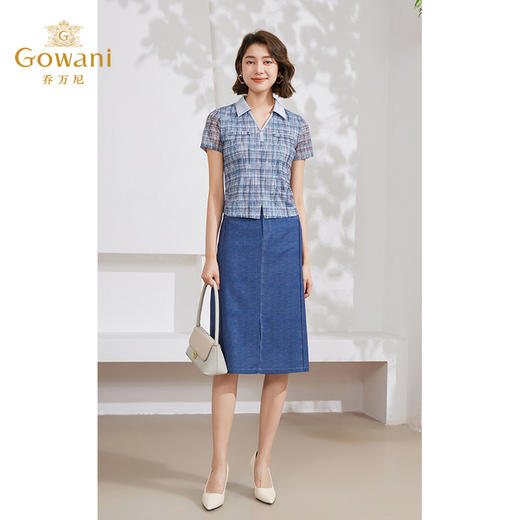 Gowani乔万尼2024新款衬衫女格子短袖衬衫蓝色衬衫女EM2C748605 商品图1
