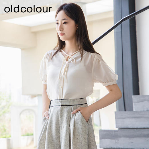 oldcolour夏季新款别致系系带法式短袖雪纺衬衫女P25011550 商品图1