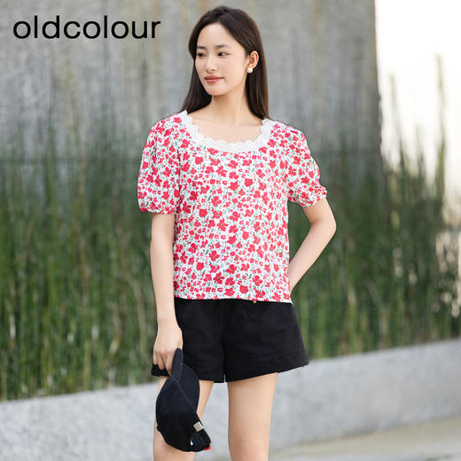 oldcolour夏季新款时尚休闲风碎花花边领套头衫女GP21011732 商品图0