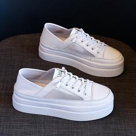 网面透气真皮圆头绑带平跟软底一脚蹬休闲板鞋