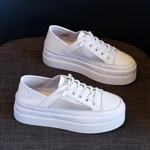 网面透气真皮圆头绑带平跟软底一脚蹬休闲板鞋 商品图0