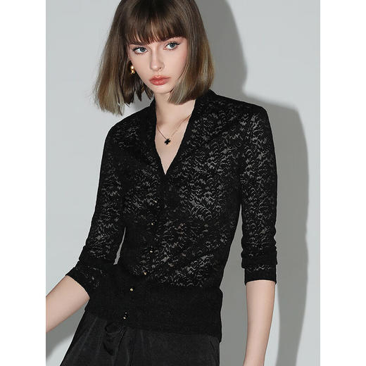 COCOBELLA优雅微透视镂空蕾丝衬衫女深V领长袖针织衫NLC55B 商品图0