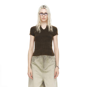 NUTH百搭修身V领显瘦正肩洗水做旧针织短袖T恤女