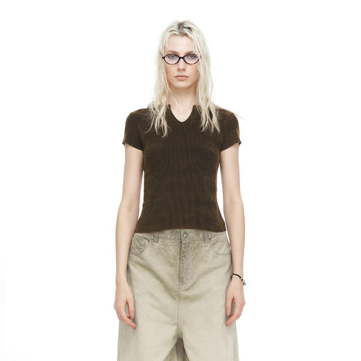 NUTH百搭修身V领显瘦正肩洗水做旧针织短袖T恤女 商品图0