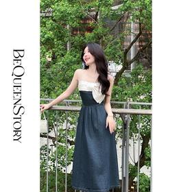 BeQueenStory【甜心布鲁士】拼接柔软网纱蝴蝶结装饰收腰连衣裙