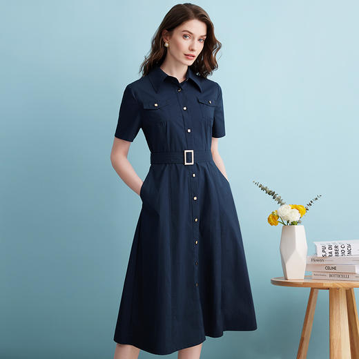 EITIE爱特爱夏季新款极简工装通勤单排扣深蓝色A字衬衫连衣裙B2407368 商品图3