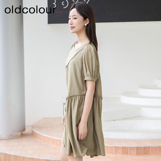 oldcolour夏季新款宽松短袖连衣裙女浅绿色泡泡袖短裙P25101532 商品图2