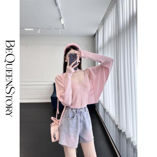 【样衣，不退不换】【海岛热恋】复古感水洗毛边烫彩钻棉微A牛仔短裤 商品图0